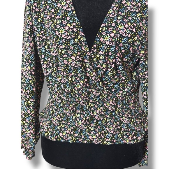 Paper Crane Black with Vibrant Pink and Yellow Floral Long Sleeve Wrap Blouse - Picture 16 of 16